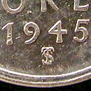 Ändrat myntmästarmärke från krigsslutet. 10 Öre 1945 TS/G